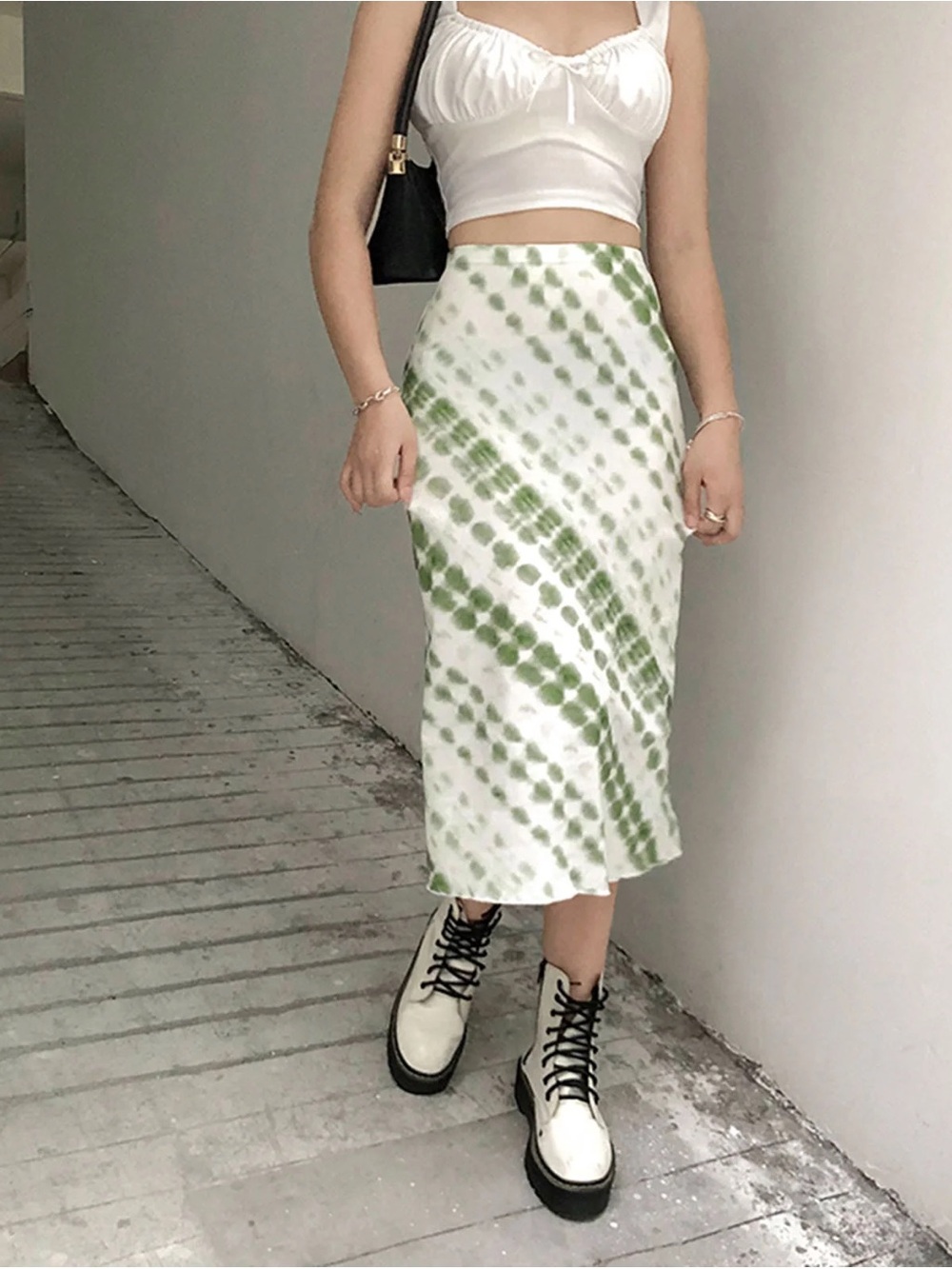 Green Tie-Dye Midi Skirt - Women's Satin Slip Skirt